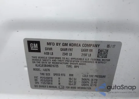 2017 Buick Encore Preferred из США, поврежденный, VIN KL4CJESB4HB216725